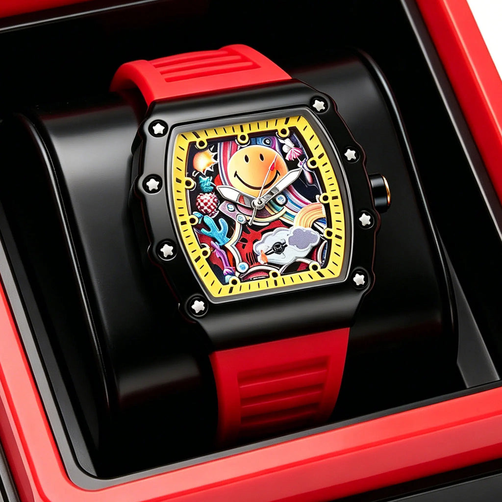 Graffiti Art Smile Face Watch Unique Barrel Shaped Quartz Wristwatch Waterproof Hip Hop Style Silicone Band Clock for Unisex