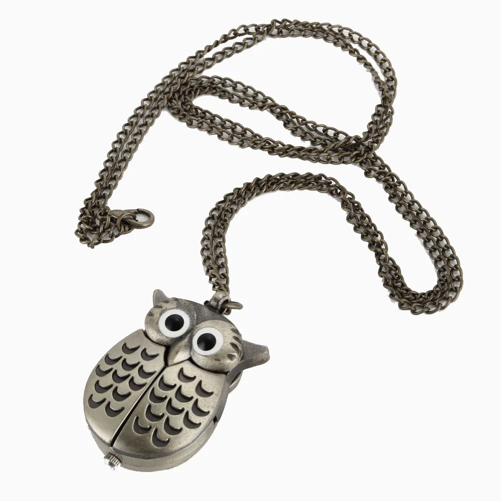 Fashion Vintage Men Women  Alloy Retro Owl Shape Clock Pendant Long Necklace Chain Watches Birthday Gifts