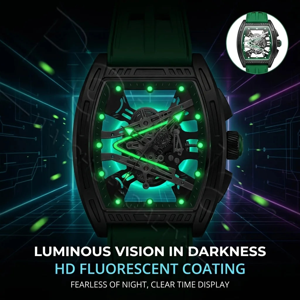 Men's and Women's Youth Barrel-Shaped Hollow Mechanical Quartz Watch, Trendy and Fashionable Colorful Dial, Silicone Strap, Casual Business Quartz Watch