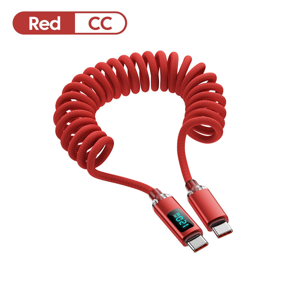 120W Car Retractable Cable Digital Display Spring USB A Type C To Type C Cable For Samsung iPhone 16 Fast Charging Charger Cable