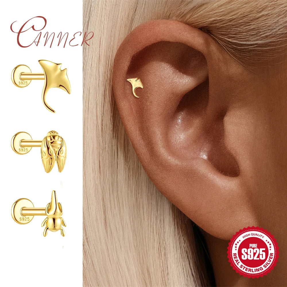 Canner 925 Sterling Silver Animal Fish Carp/Shark/insect Stud Earring For Women Allergy-proof Piercing Summer Travel Jewelry