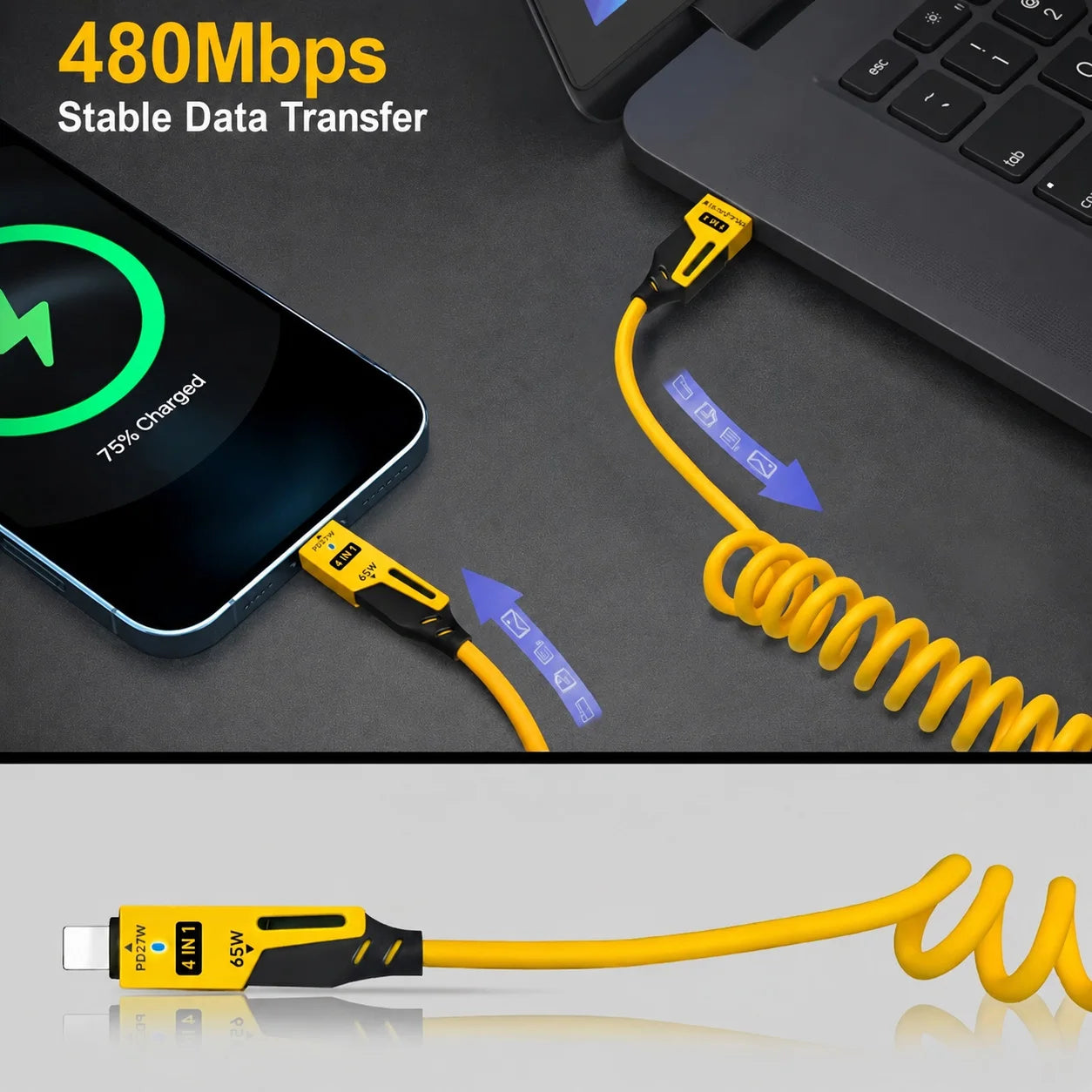 65W 4 in 1 Coiled USB C Car Fast Charging Cable, Type C iP Data Cable, Zinc Alloy Spring Cable for iPhone Samsung Xiaomi 1.5M
