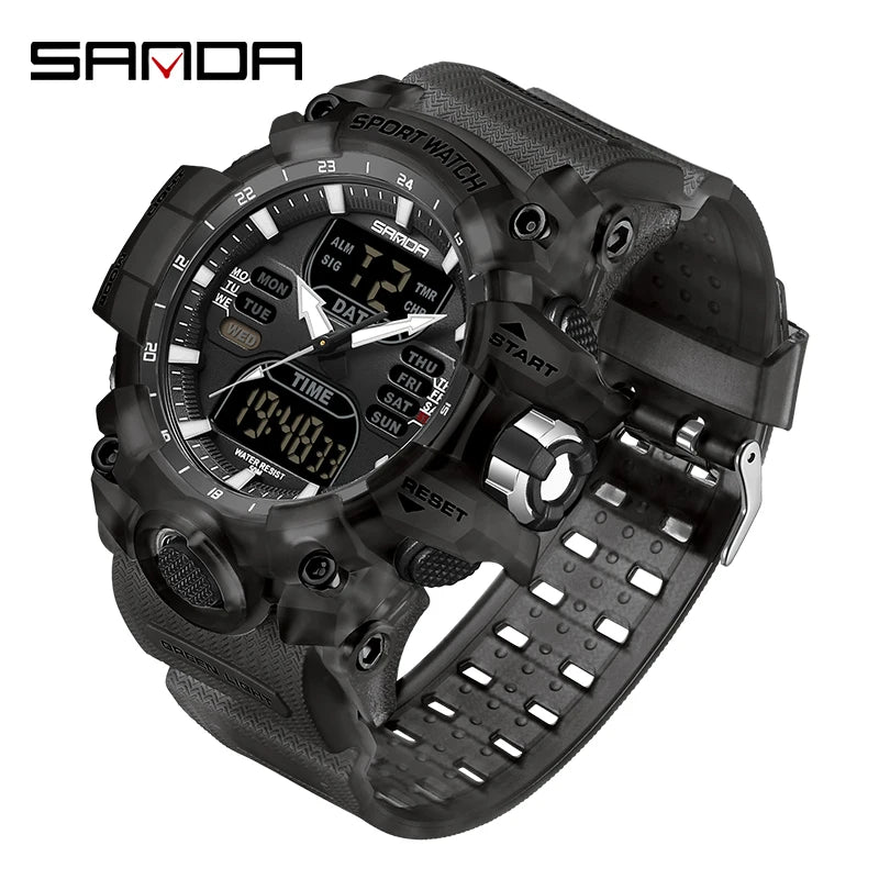 SANDA Dual Display Men Watches Waterproof Sports Watch Military Man Alarm Stopwatch Quartz Wristwatch Male LED Digital Clock6126
