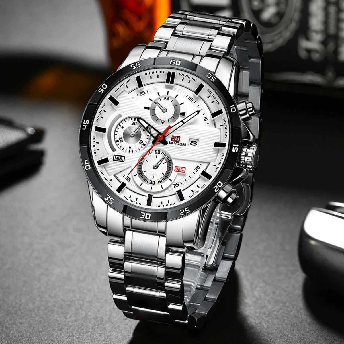 Man Sports Watches Fashion Racing Series 46mm Black Leather Clock VA VA VOOM Quartz Movement 3Bar Waterproof Wrist Watch for Men