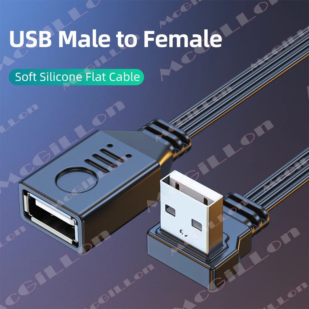 USB Extension Cable Elbow 90 Degree Angle Soft Silicone Flat Cable USB A Male to Female Extension Adapter Cable for Laptop Phone