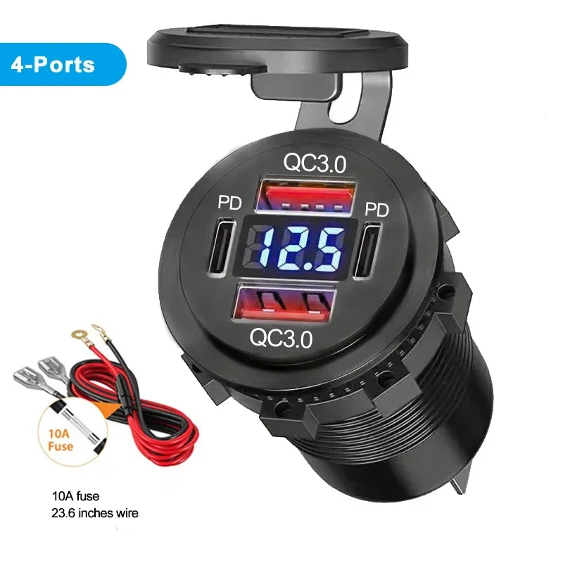 96W Dual PD QC3.0 USB Car Motobike Charger with Voltmeter Socket Power Outlet Adapter Waterproof for 12V/24V Car Boat Truck Moto
