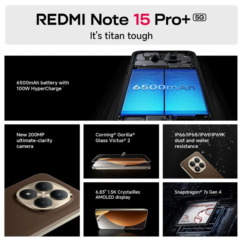 Xiaomi Redmi Note 15 Pro Plus 5G Smartphone Global Version 6500mAh 100W 8GB / 12GB RAM NFC Snapdragon 7s Gen 4 CPU 6.83" AMOLED