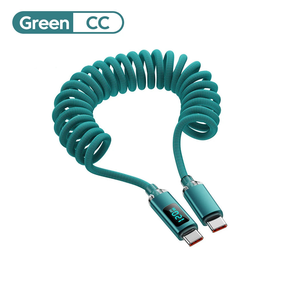 120W Car Retractable Cable Digital Display Spring USB A Type C To Type C Cable For Samsung iPhone 16 Fast Charging Charger Cable