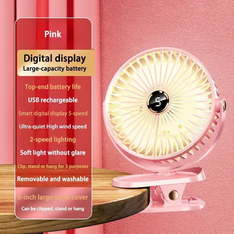 8000mAh Clip-on Fan 5 Speed Quiet Rechargeable Desktop Portable Air Circulator Wireless Fan With LED Light For Camping