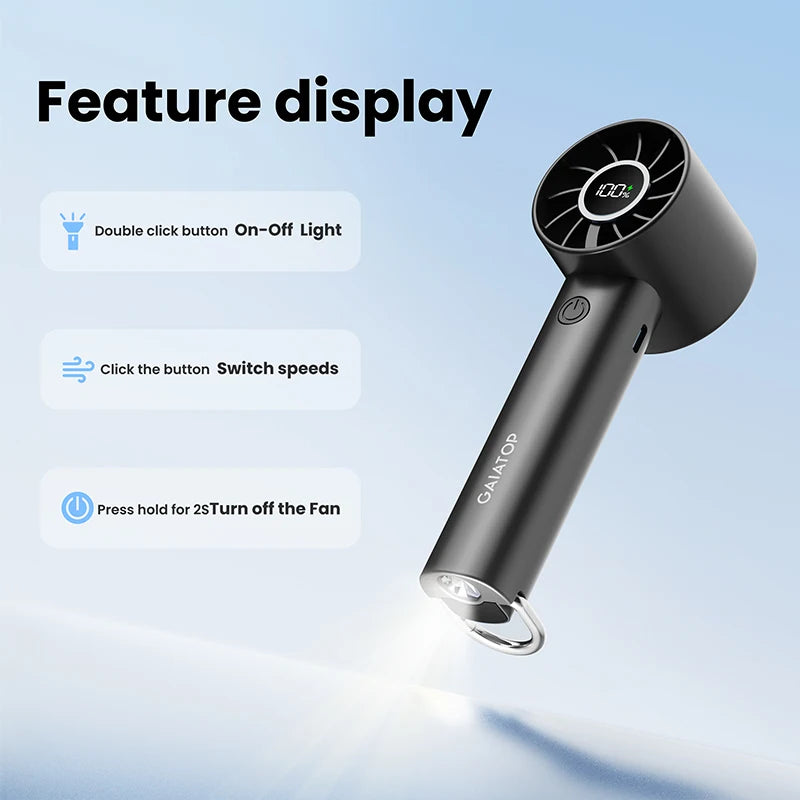 GAIATOP Portable Mini Fan, Handheld Fan with LED Display & Flashlight, 3 Speeds 2000mAh USB Rechargeable Battery Fan