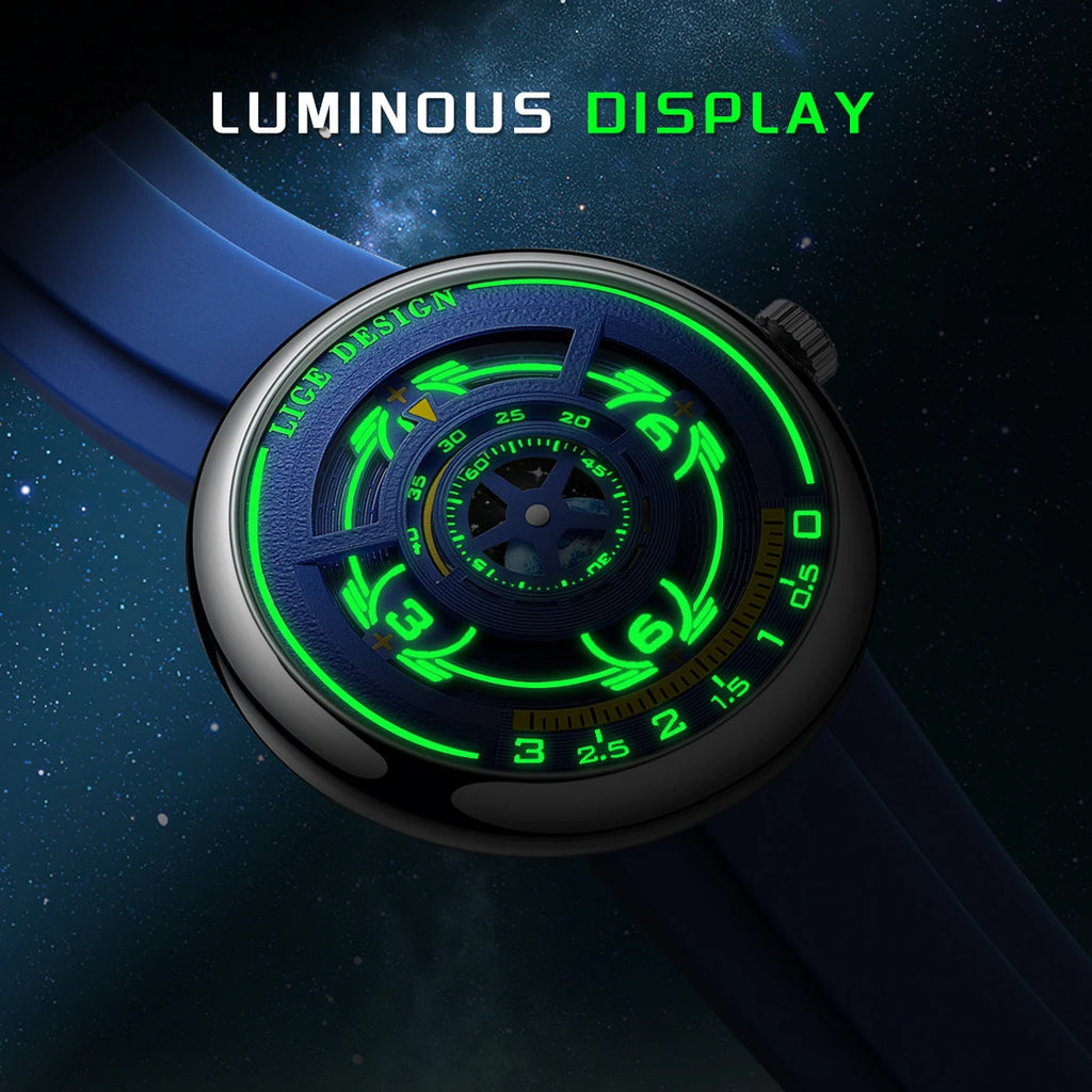 LIGE Trendy Sporty Men's Watches Creative Blue Planet Dial Luminous Silicone Straps Waterproof Men's Quartz Watches Relojs