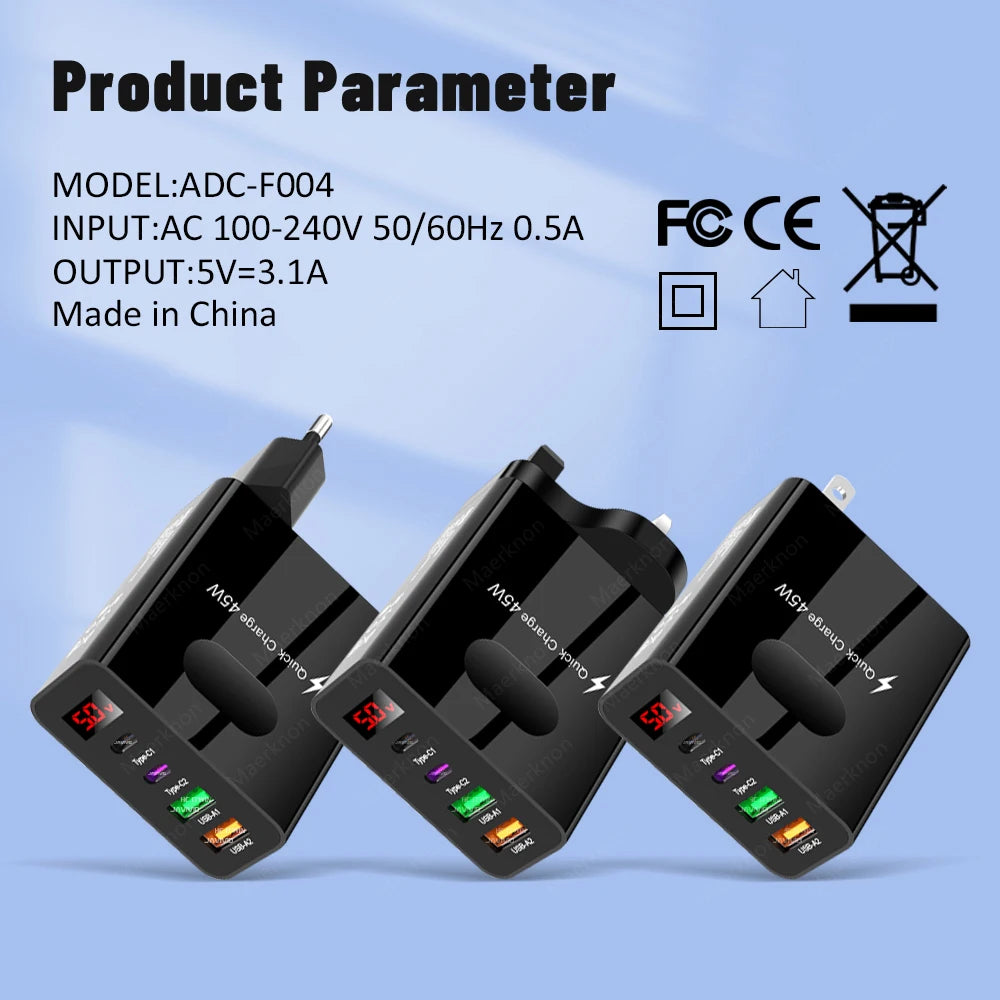 45W USB Charger 4 Ports Type C Fast Charging Digital Display Wall Charger For iPhone Samsung Xiaomi Huawei Phone Charger Adapter