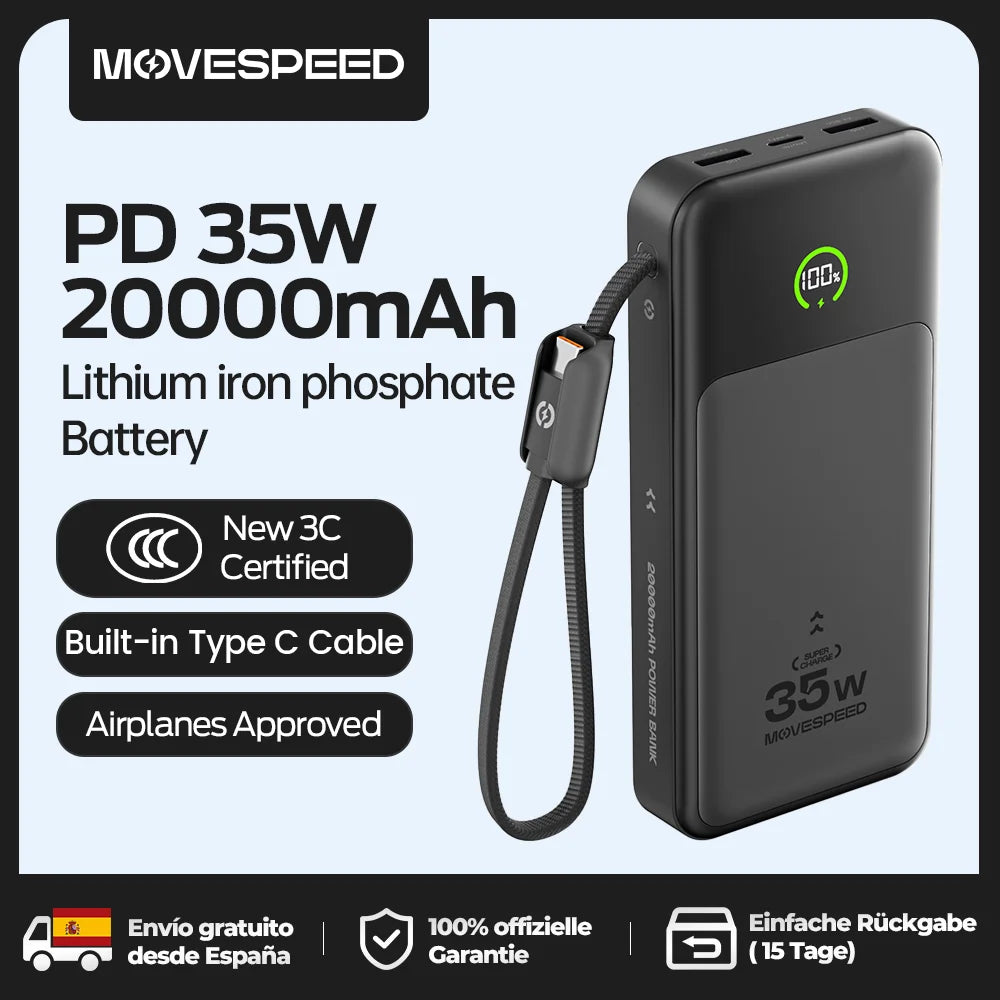 【CCC】MOVESPEED P20 Power Bank 20000mAh External Charger35W PD Fast charging Powerbank LFP Battery for iPhone Xiaomi Samsung