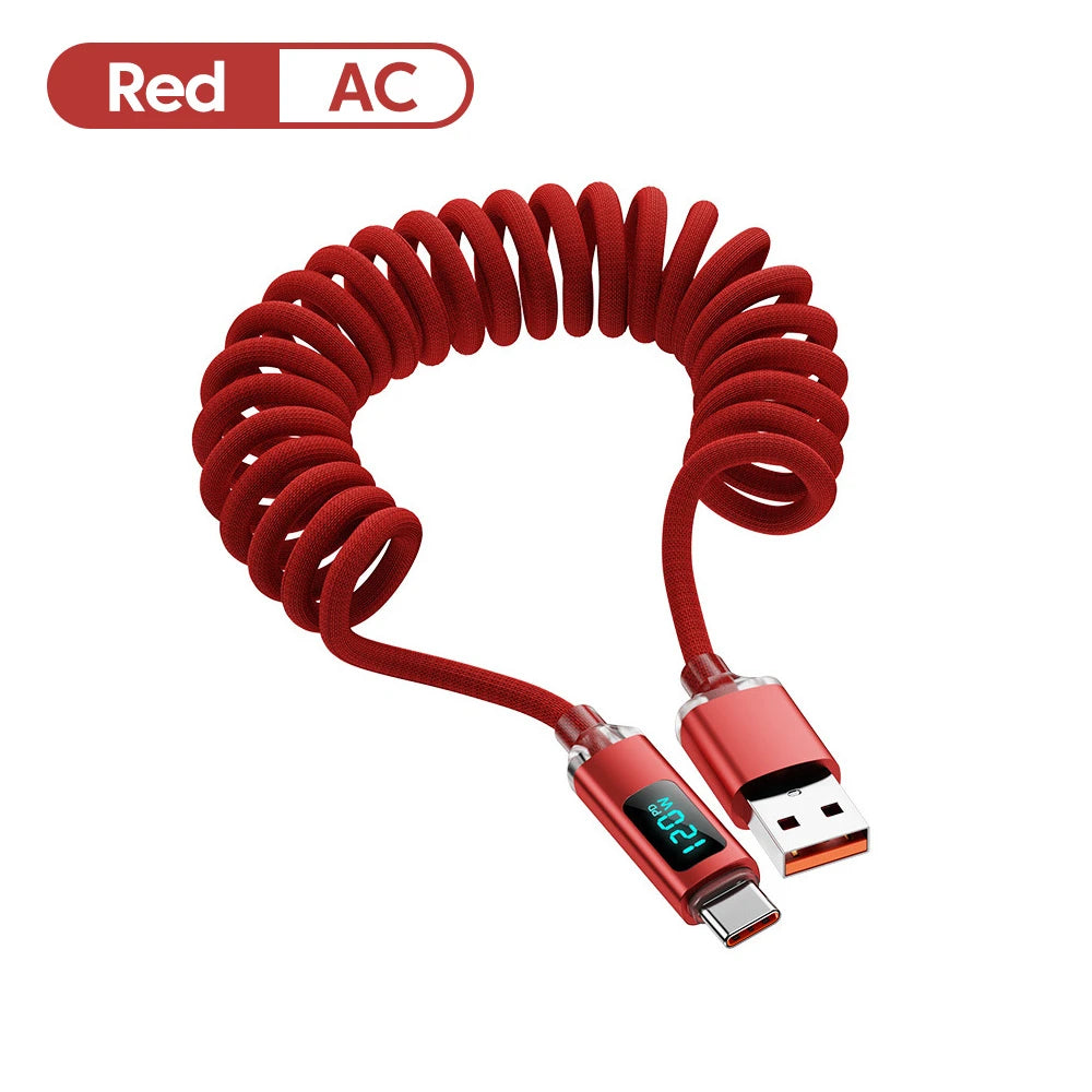120W Car Retractable Cable Digital Display Spring USB A Type C To Type C Cable For Samsung iPhone 16 Fast Charging Charger Cable