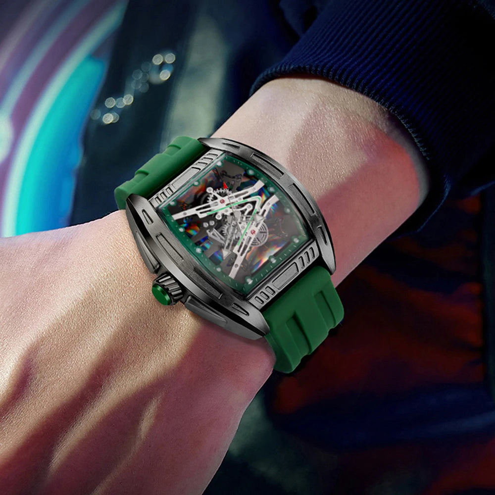 Men's and Women's Youth Barrel-Shaped Hollow Mechanical Quartz Watch, Trendy and Fashionable Colorful Dial, Silicone Strap, Casual Business Quartz Watch