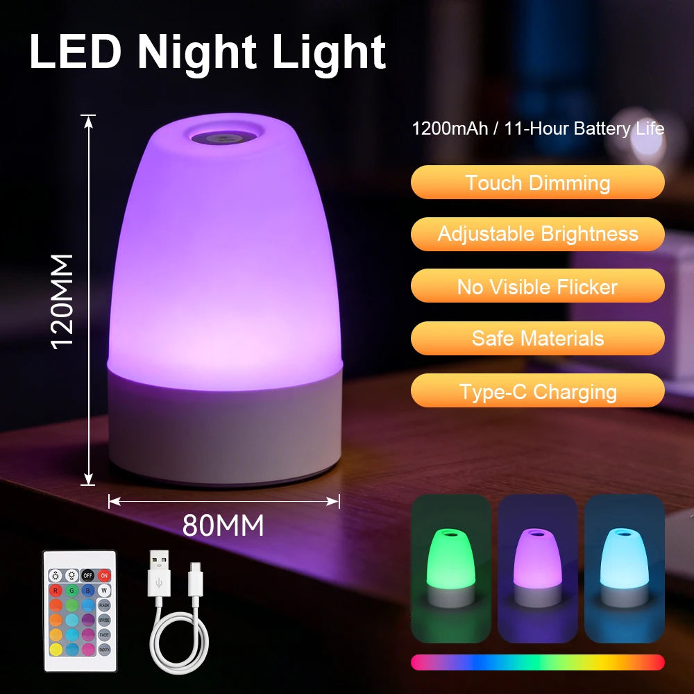 2026 New USB Rechargeable LED Night Light Touch Dimmable RGB 3-Color Eye-Caring Desk Lamp Bedroom Bedside Baby Room Best Seller