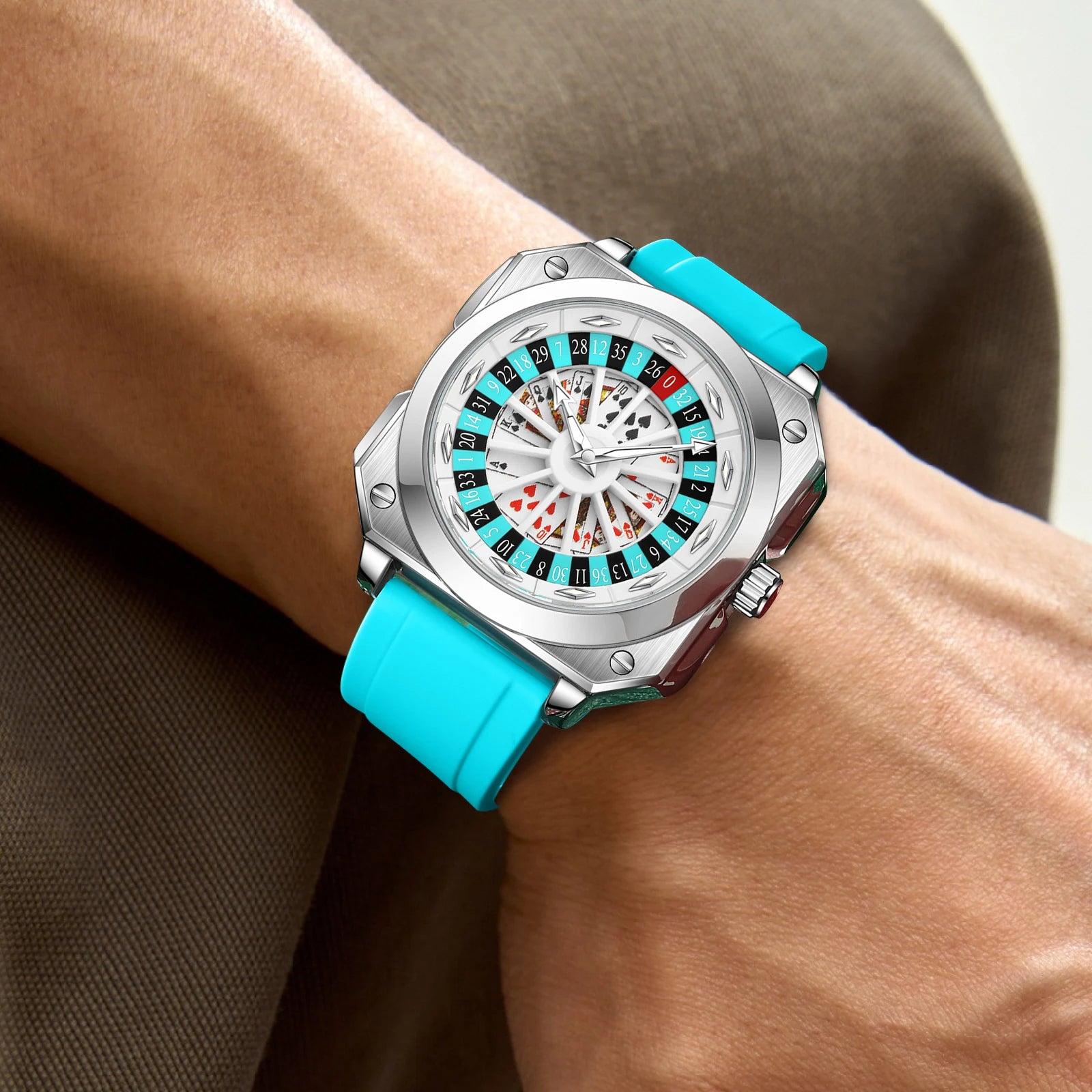 VA VA VOOM Brand Quartz Movement Men Watch 42mm Square Silver Black Silicone Clock Creative Rotating Compass Military Men Watch