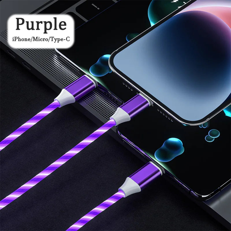 3 in 1 LED Light Glowing Charging Cable 3A Micro USB C Type C Flowing Streamer Type-C Cable for iPhone Xiaomi Huawei