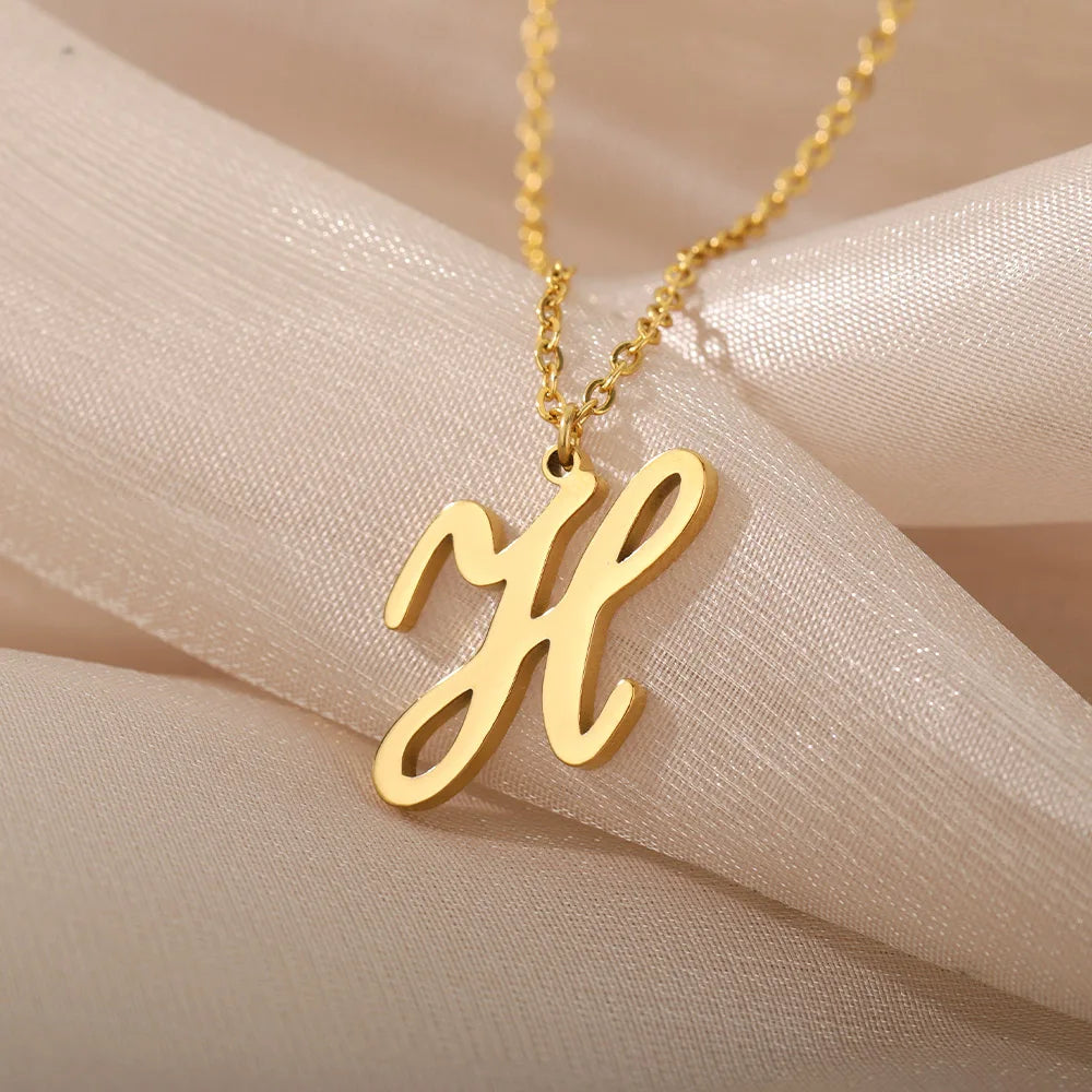 Artistic Cursive Initials Letter Necklace For Women Gold Plated Chain Choker Necklace Charm Collar Stainless Steel Jewelry