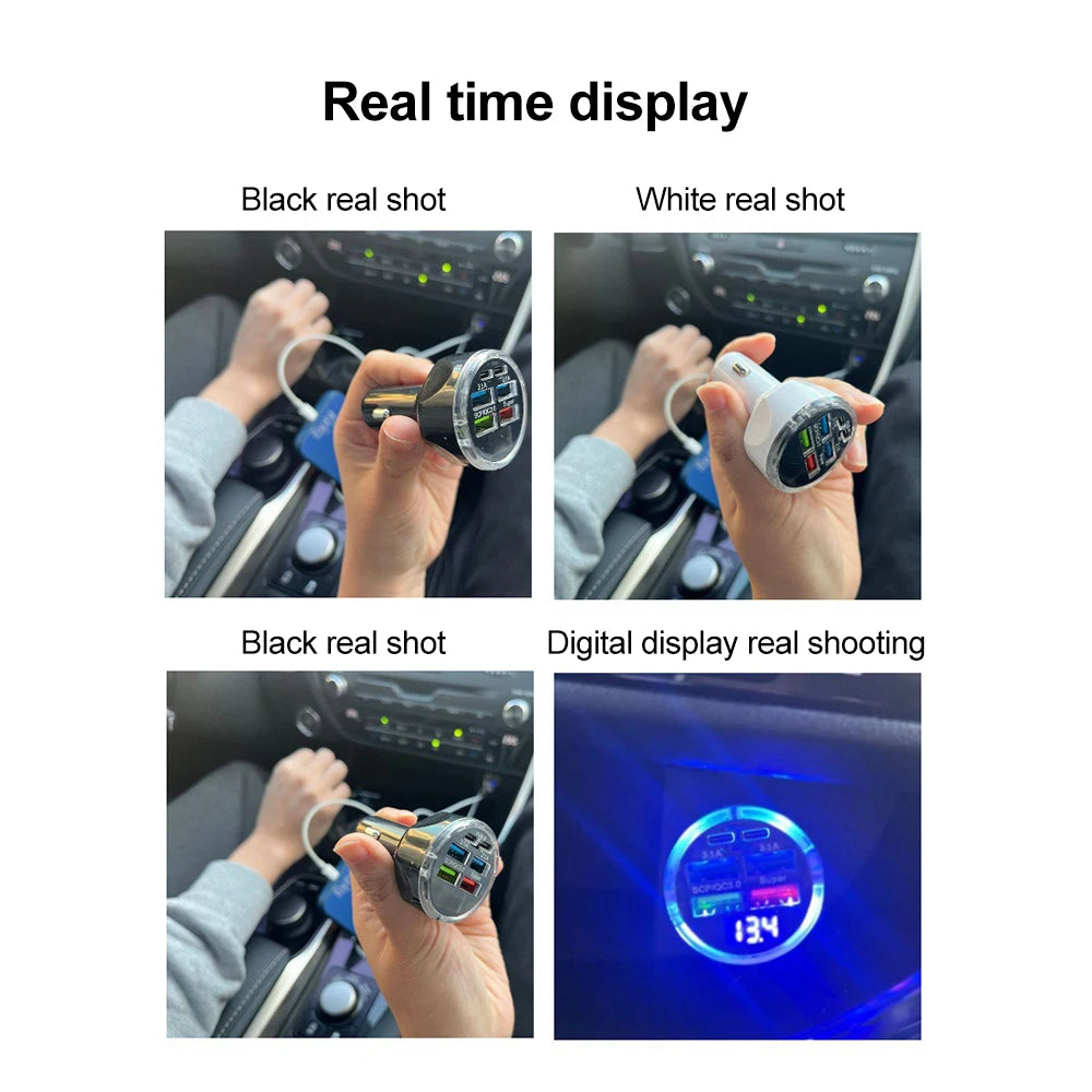 250W PD Car Charger QC3.0 Fast Charge 6-in-1 Car Cigarette Lighter Plug 6 Port Car Charger Flash Charge with Digital Display ﻿