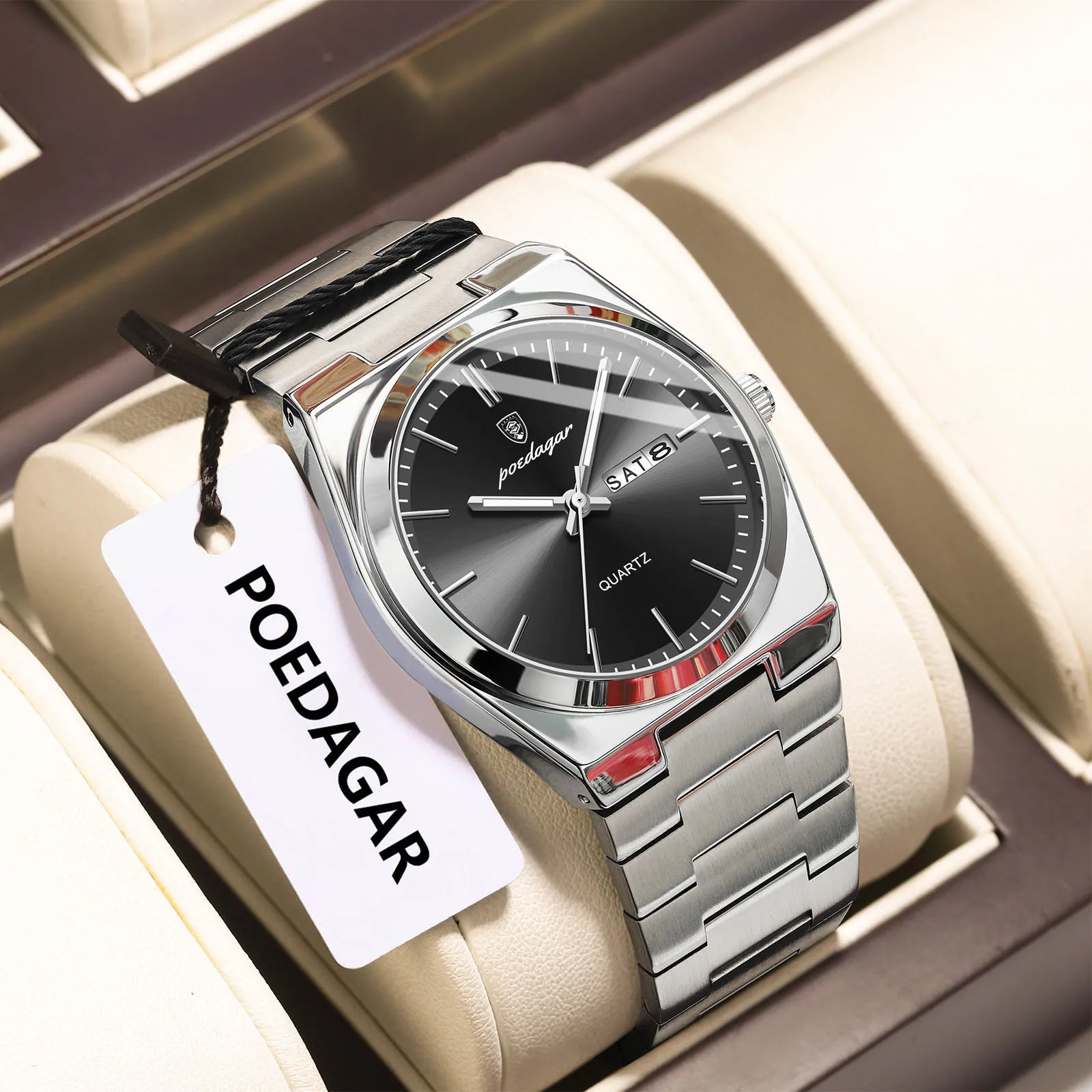 POEDAGAR Luxury Men's Quartz Wristwatch Waterproof Luminous Date Week Man Watch Stainless Steel Business Fashion Watches For Men