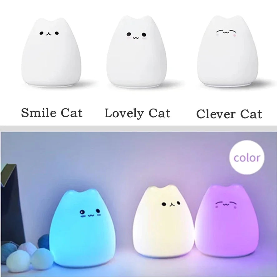 LED Nigh tlight 7 Colors Soft Cute Cat Night Light Kitty Lamp Birthday Gift Kids Baby Toddler Teen Silicone Kawaii Nursery