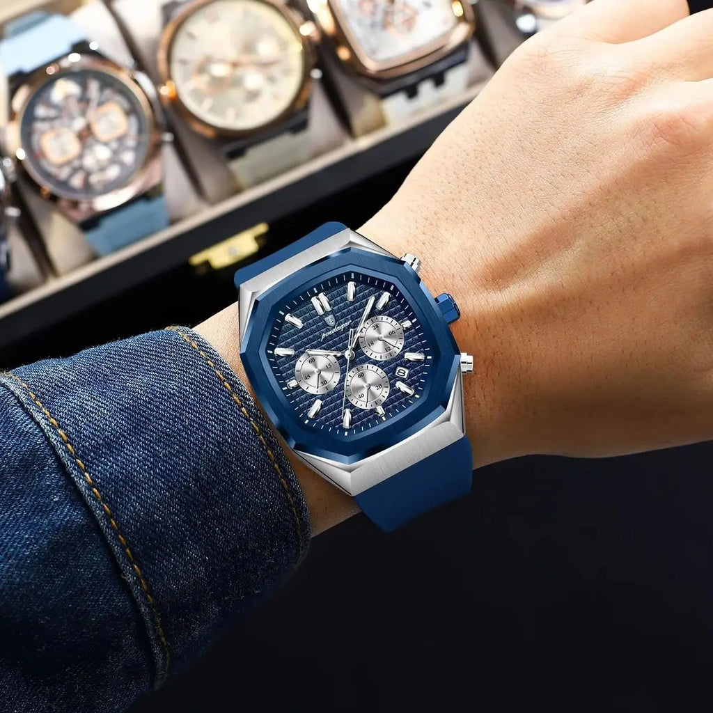 POEDAGAR Business Men's Watch Chronograph Date Silicone Strap Quartz Man Watch Waterproof Luminous Fashion Watches For Men Reloj