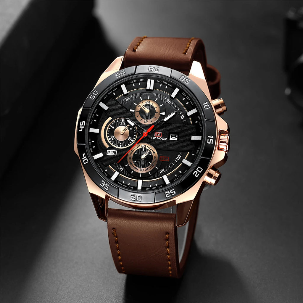 Man Sports Watches Fashion Racing Series 46mm Black Leather Clock VA VA VOOM Quartz Movement 3Bar Waterproof Wrist Watch for Men