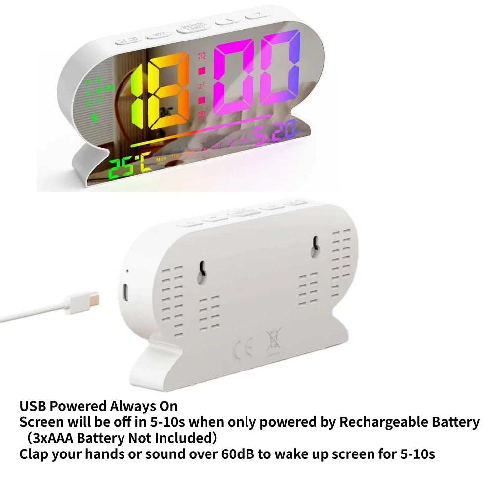 USB Powered Digital Alarm Clock TEMP Date Week 2 Alarm Night Mode Snooze Table Clock 3 Levels Brightness 12/24H LED Wall Clock