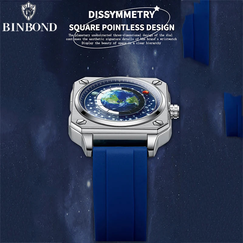 BINBOND Earth Watch For Men Rotating Earth Dial New Concept Creative Blue Planet Non Mechanical Pointer Silicone Tape Men Watch