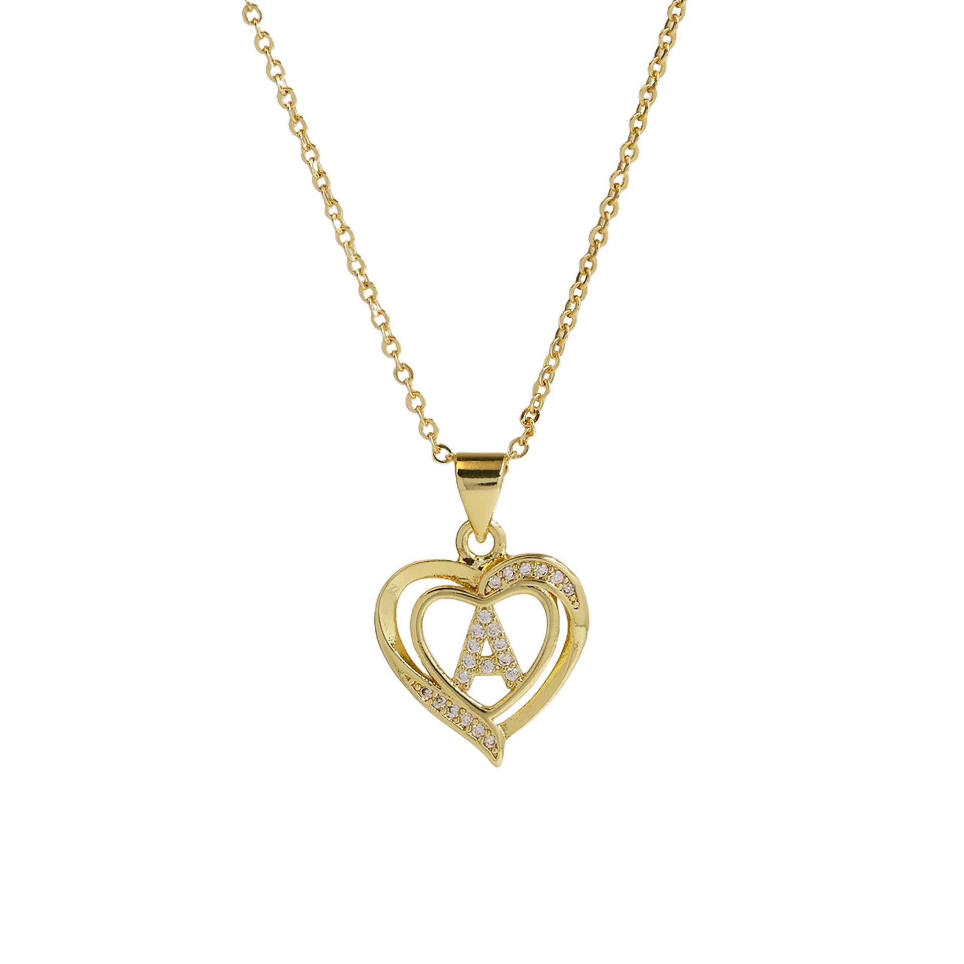 A-Z English Letter Initial Necklace Gold Color Plated Necklace Micro Setting Zircon Heart Necklace for Women