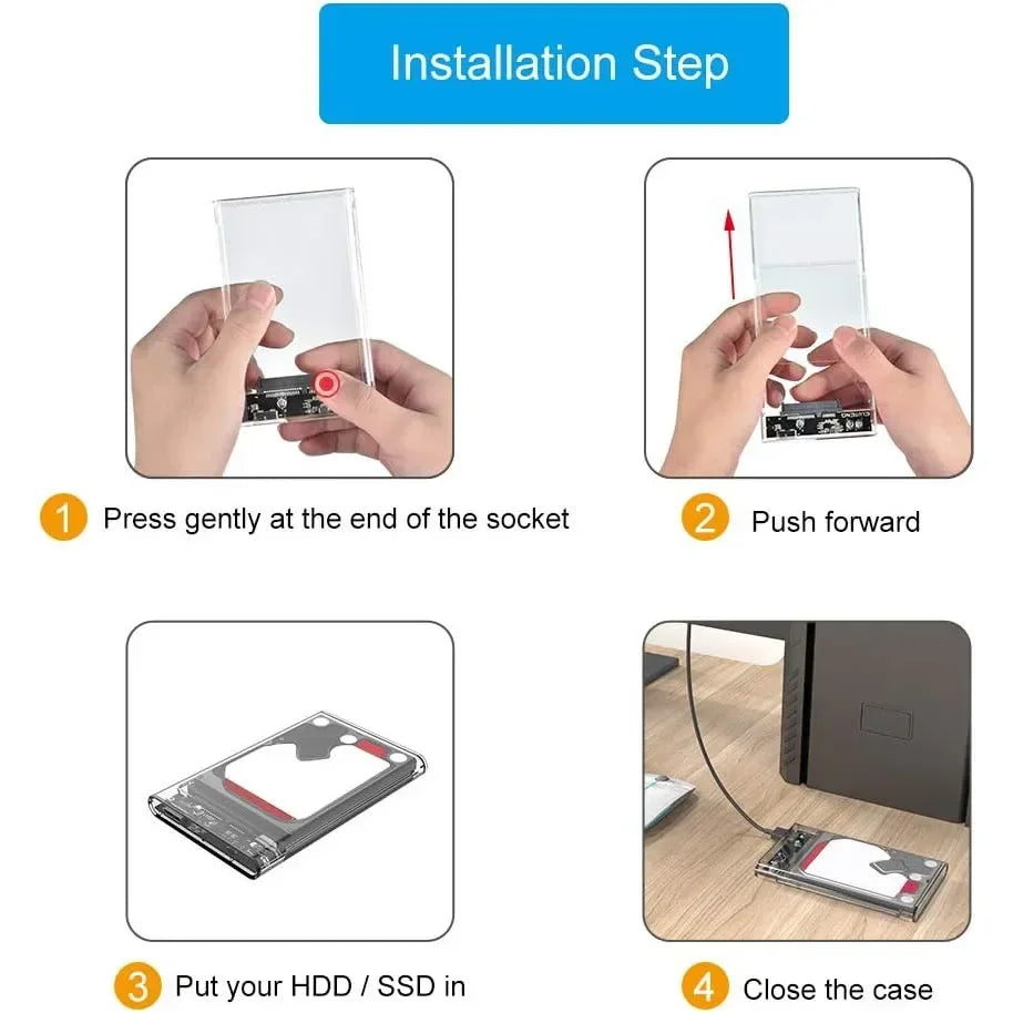 USB 2.0 External Hard Drive Enclosure 2.5 inch SATA to USB2.0 UASP Clear Portable Hard Drive Case 2T HDD Tool-Free Transparent