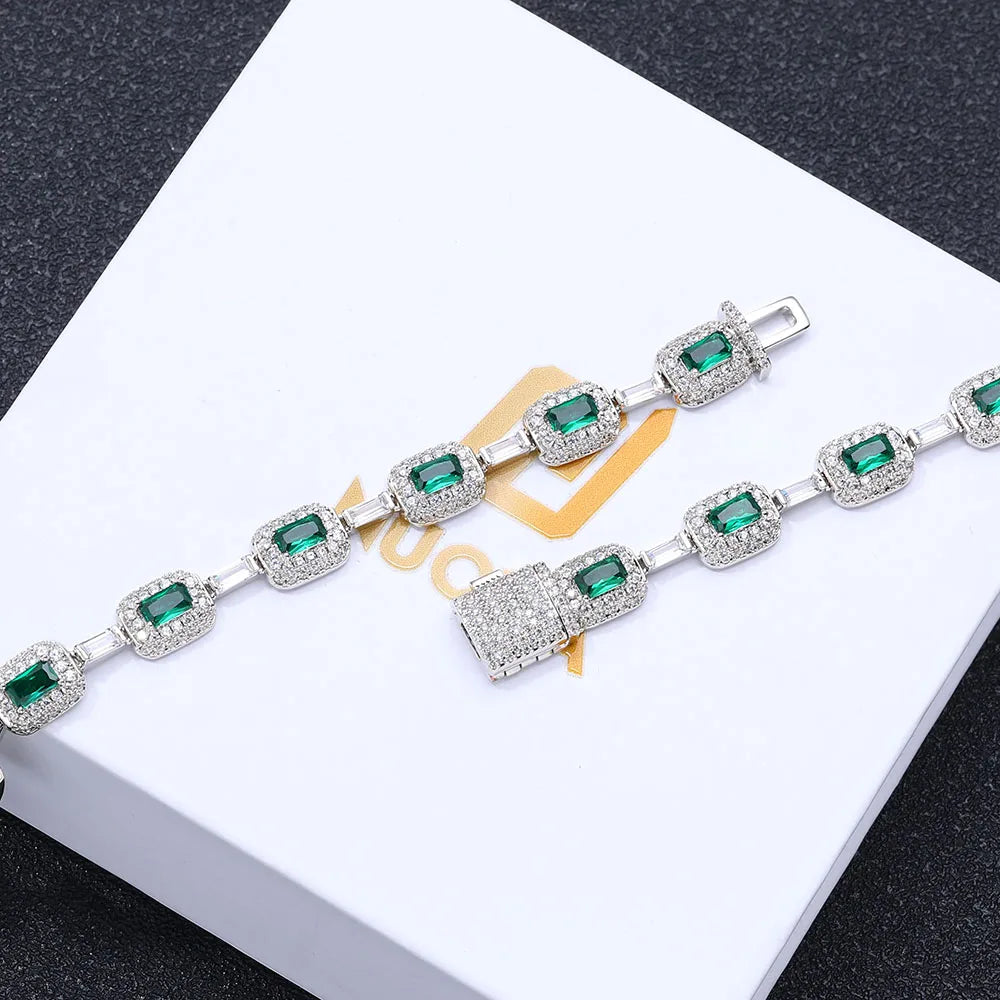 Round Square Green CZ Cluster Bead Link Chain Full Iced Out Bling Emerald Diamond Tennis Necklace For Valentine's Day Gift