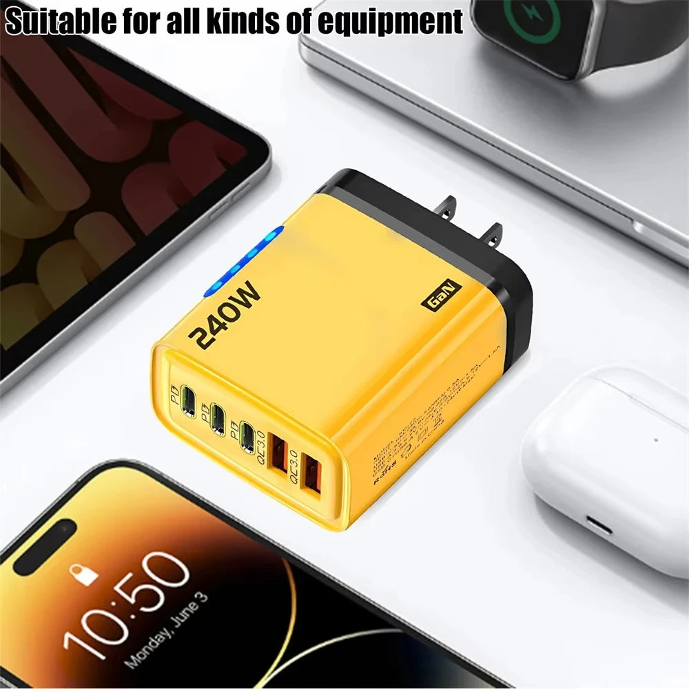 5 in 1 240W GaN Fast Charger With LED Light 2USB+3Type-C Multi Port Phone Charger for iPhone 16 15 pro Samsung Huawei Xiaomi 15