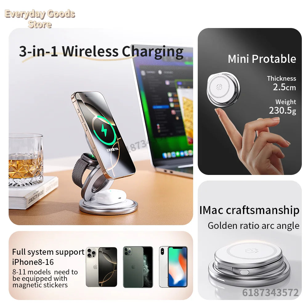 3 In 1 Magnetic Wireless Charger Fast Charging Station 360° Rotation Foldable Phone stand for iPhone 12-16 Pro Max Watch Airpods