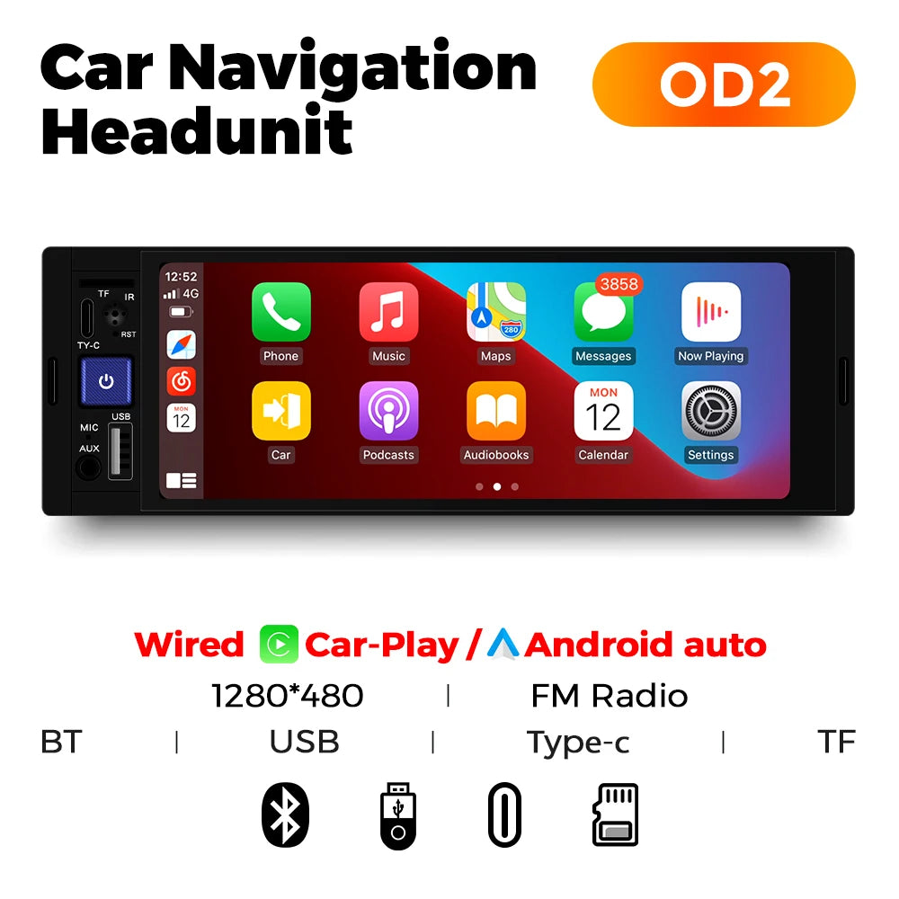 1Din Wireless CarPlay Android AUTO HD touch screen Universal 6.86'' Car Radio FM Stereo MP5 multimedia player BT TF port Camera