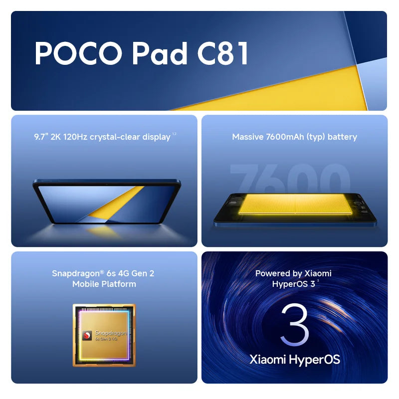 Newest POCO Pad C1 Global Version Tablet 9.7" 2K 120Hz crystal-clear display 7600mAh battery 18W Snapdragon® 6s 4G Gen 2