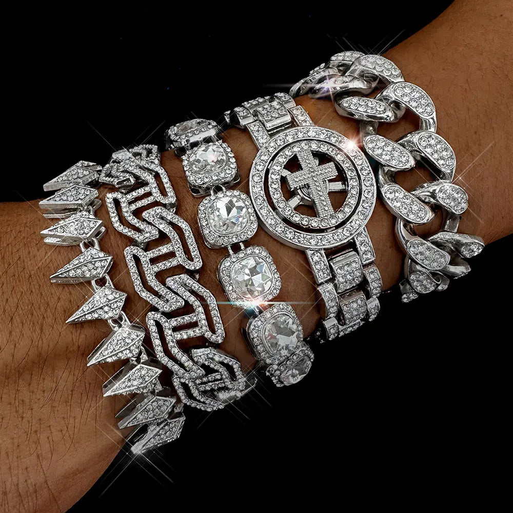 New Hip Hop Shiny Cuban Link Chain Bracelet Women Men Gold Color Rhinestone Iced Out Chain Bracelets Punk Wristband Jewelry Gift