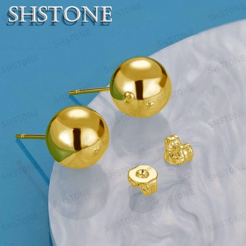 SHSTONE 18K Gold 8 10 mm Round Beads Earrings For Women Party Wedding Fashion Jewelry 925 Sterling Silver Stud Earring Birthday