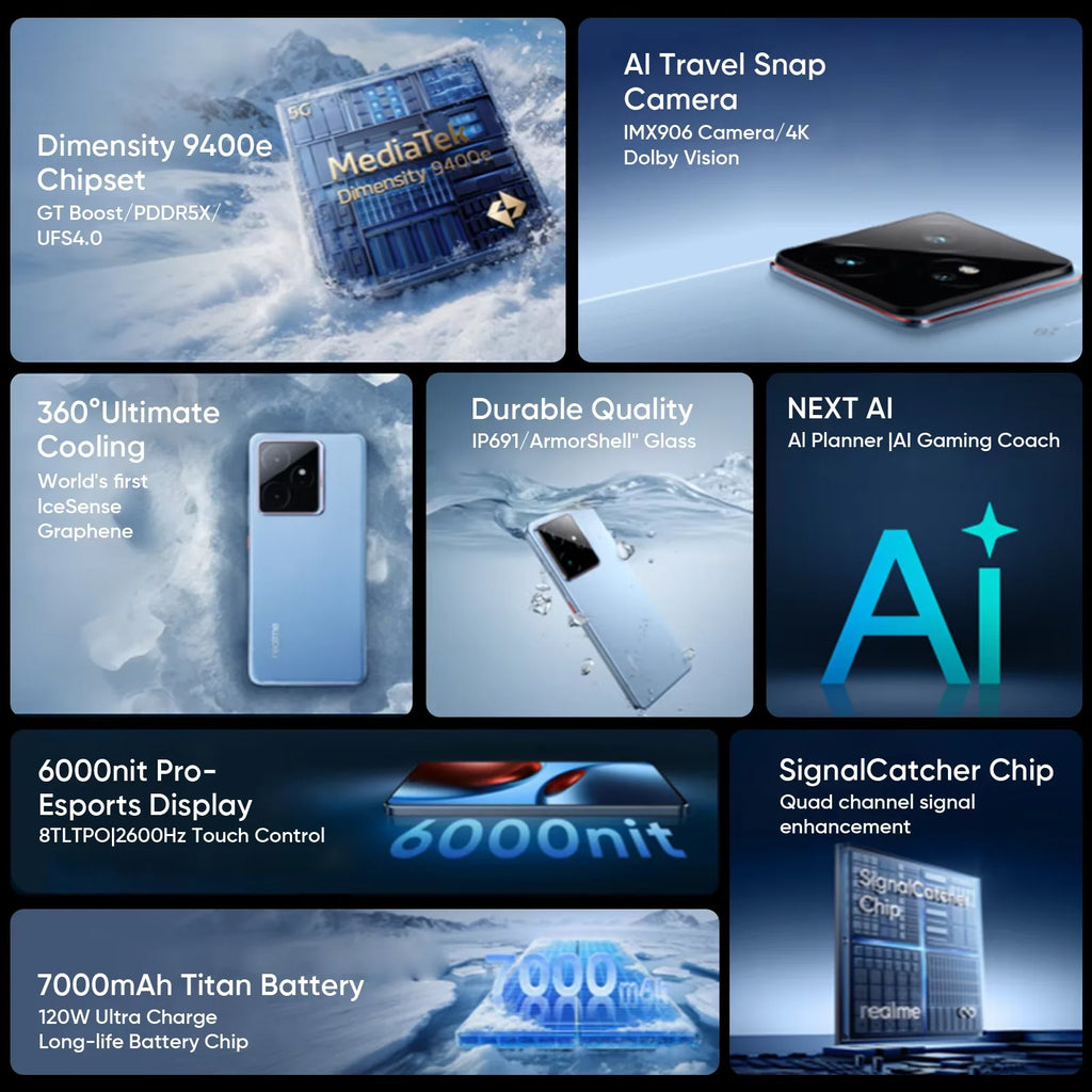 EU Version realme GT 7 5G AI Smartphone MTK Dimensity 9400e 6000nits Pro-Esports Display 7000 mAh Battery 120W Ultra Charge
