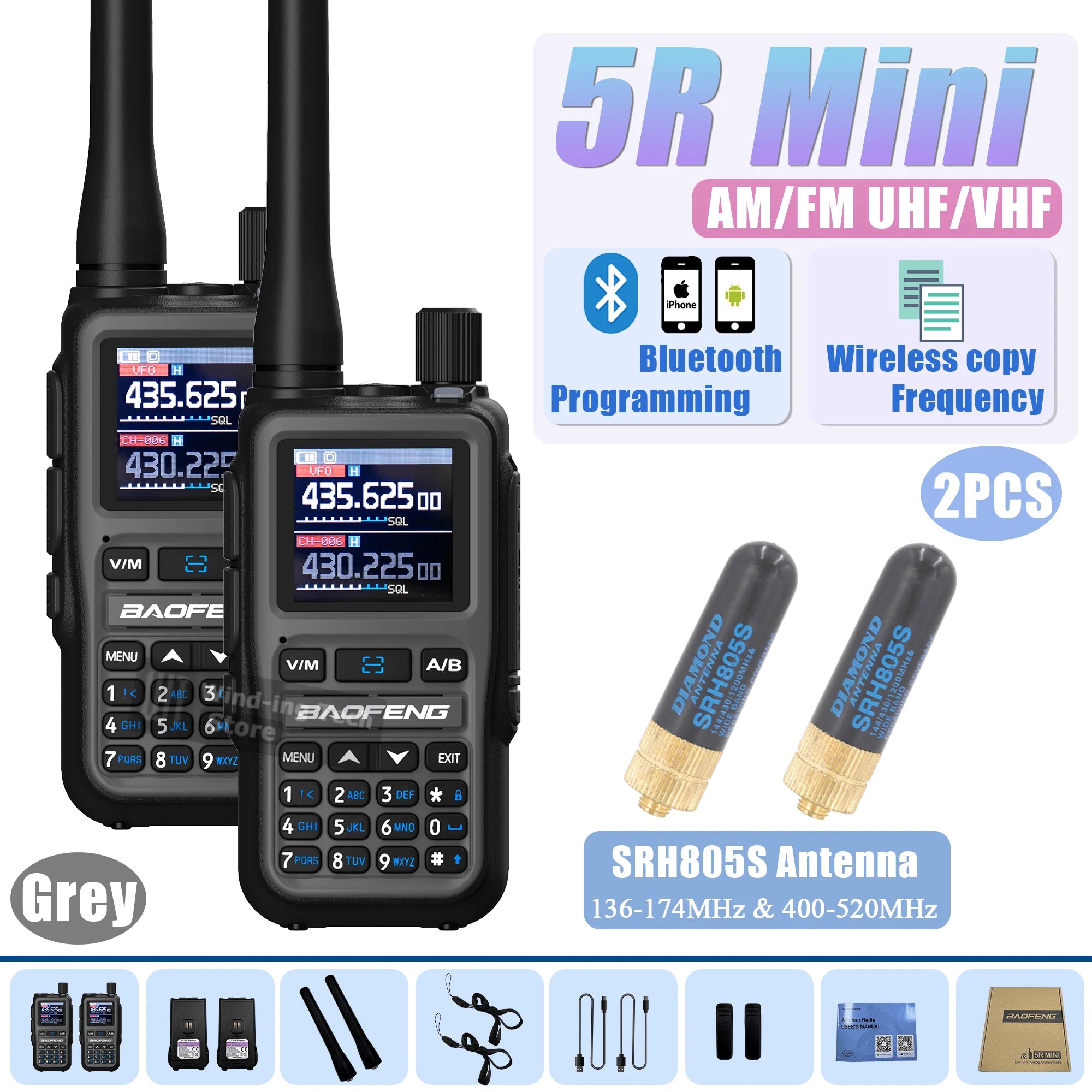 Baofeng UV 5R Mini Walkie Talkie Bluetooth Programming Frequency Hopping Type-C Jack Multiple Colors Dual PTT Camping Ham Radios
