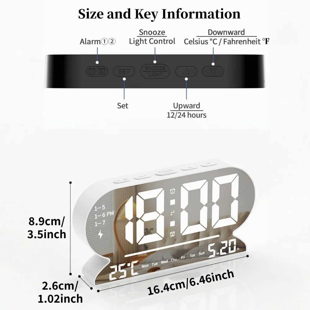 USB Powered Digital Alarm Clock TEMP Date Week 2 Alarm Night Mode Snooze Table Clock 3 Levels Brightness 12/24H LED Wall Clock