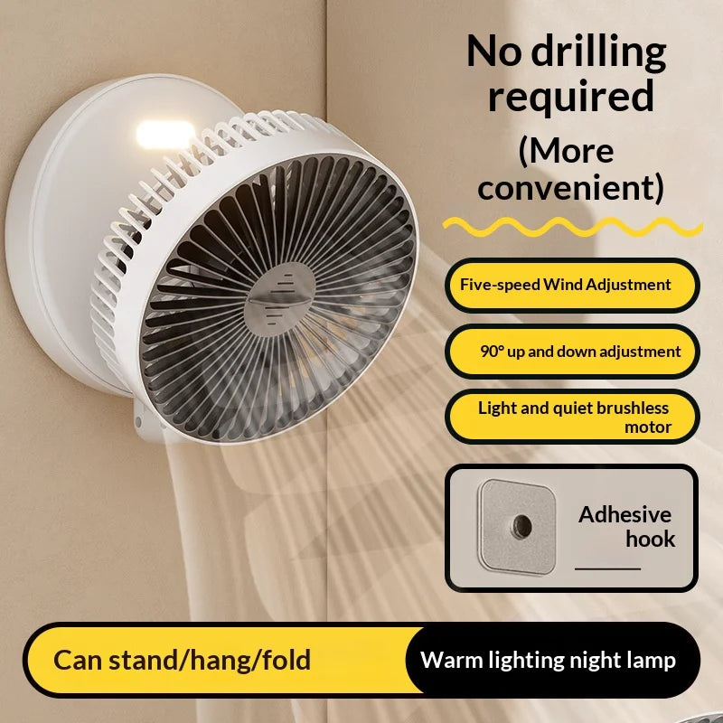 5000mAh Foldable Glow-in-the-Dark Fan Wall Mount Portable Quiet High-Speed Air Circulation Fan for Students Office Desk Fan