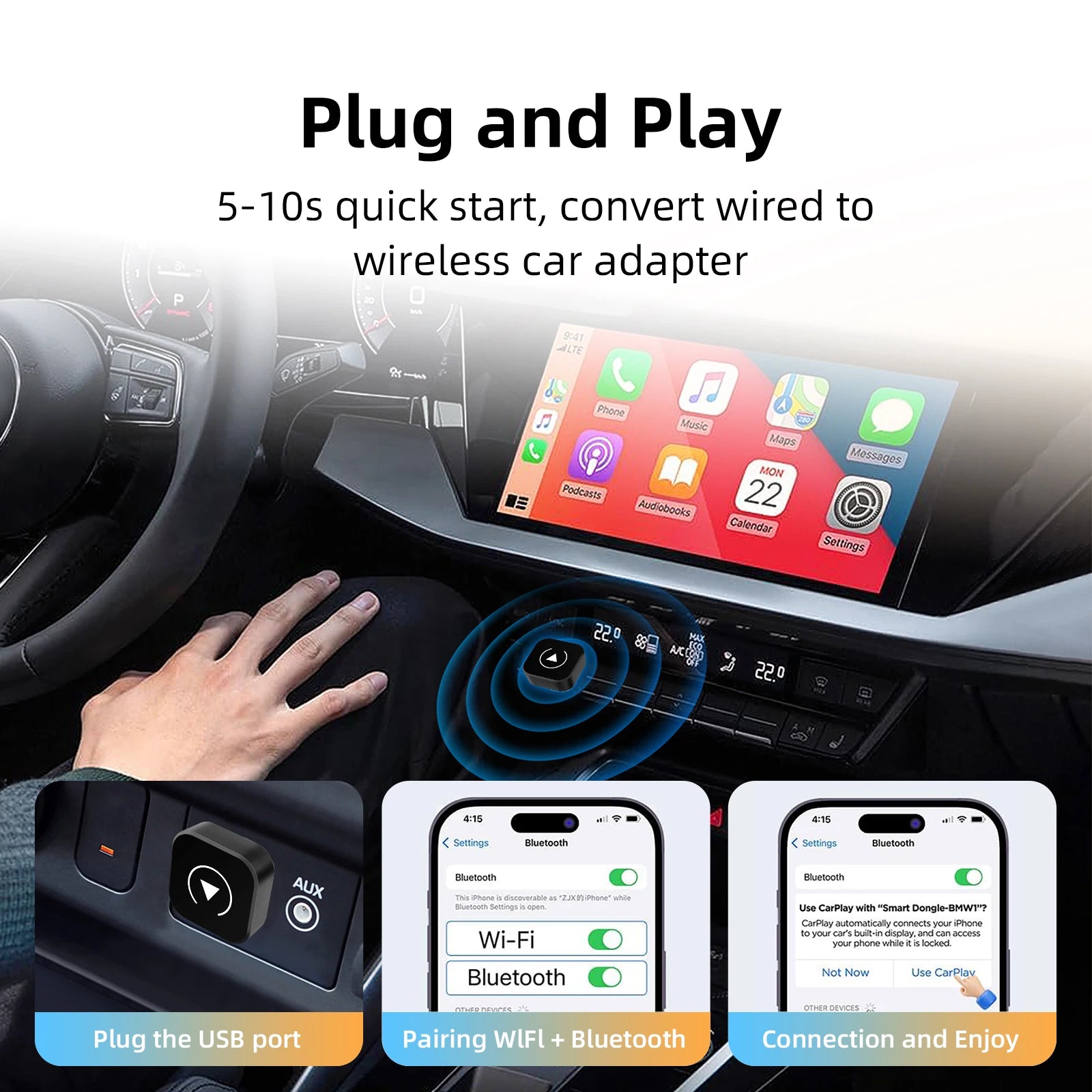 Universal 2in1 Wireless CarPlay Android Auto Adapter Smart Mini Box for Factory Wired Car, Plug And Play WiFi Fast Connect