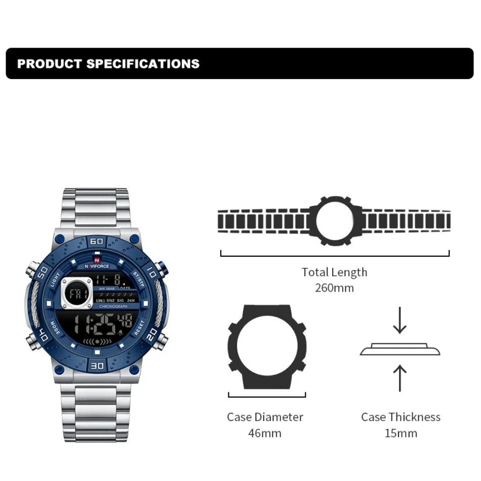 NAVIFORCE Men's Watch Luxury Night Light Watch Business Waterproof Stainless Steel Strap LCD Digital Display Movement Boy Clock