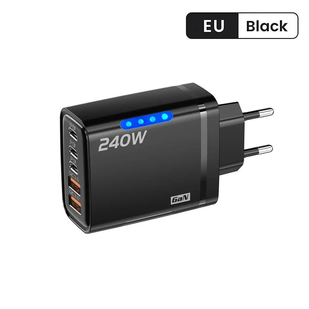 5 in 1 240W GaN Fast Charger With LED Light 2USB+3Type-C Multi Port Phone Charger for iPhone 16 15 pro Samsung Huawei Xiaomi 15