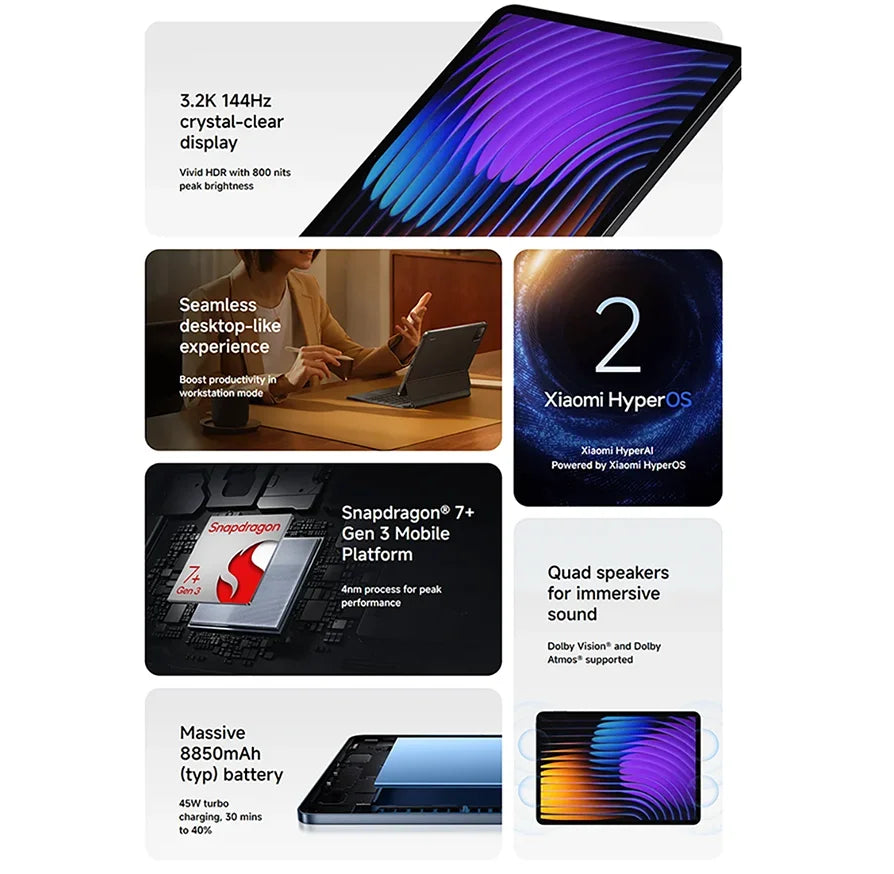 Xiaomi Pad 7 11.2" 3.2K 144Hz Display Snapdragon 7 Gen3 8850mAh 13MP+8MP camera IPv6 support Dolby Atmos Tablet PC Xiaomi Tablet
