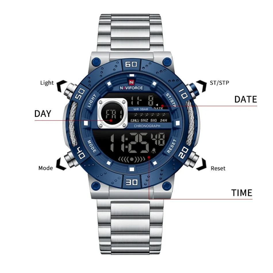 NAVIFORCE Men's Watch Luxury Night Light Watch Business Waterproof Stainless Steel Strap LCD Digital Display Movement Boy Clock