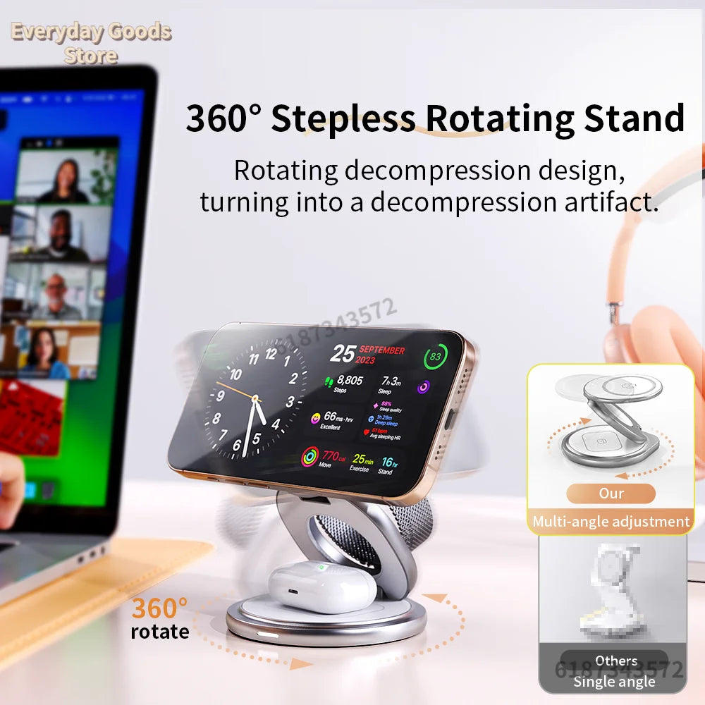 3 In 1 Magnetic Wireless Charger Fast Charging Station 360° Rotation Foldable Phone stand for iPhone 12-16 Pro Max Watch Airpods