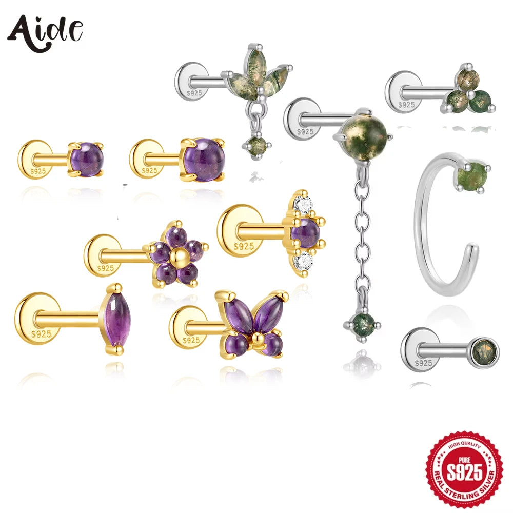 Aide 1PC Natural Water Grass Agate 925 Sterling Silver Flat Head Thread Puncture Earring Green Moss Piercing Ear Bone Earring